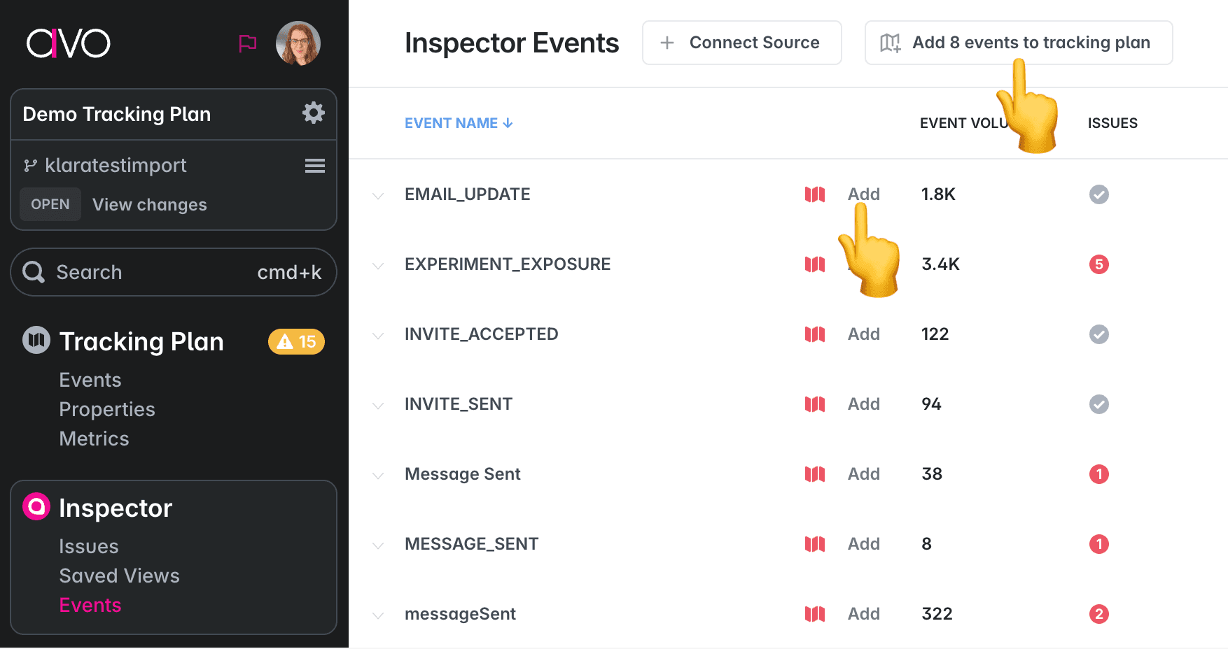 Add events from Inspector events image