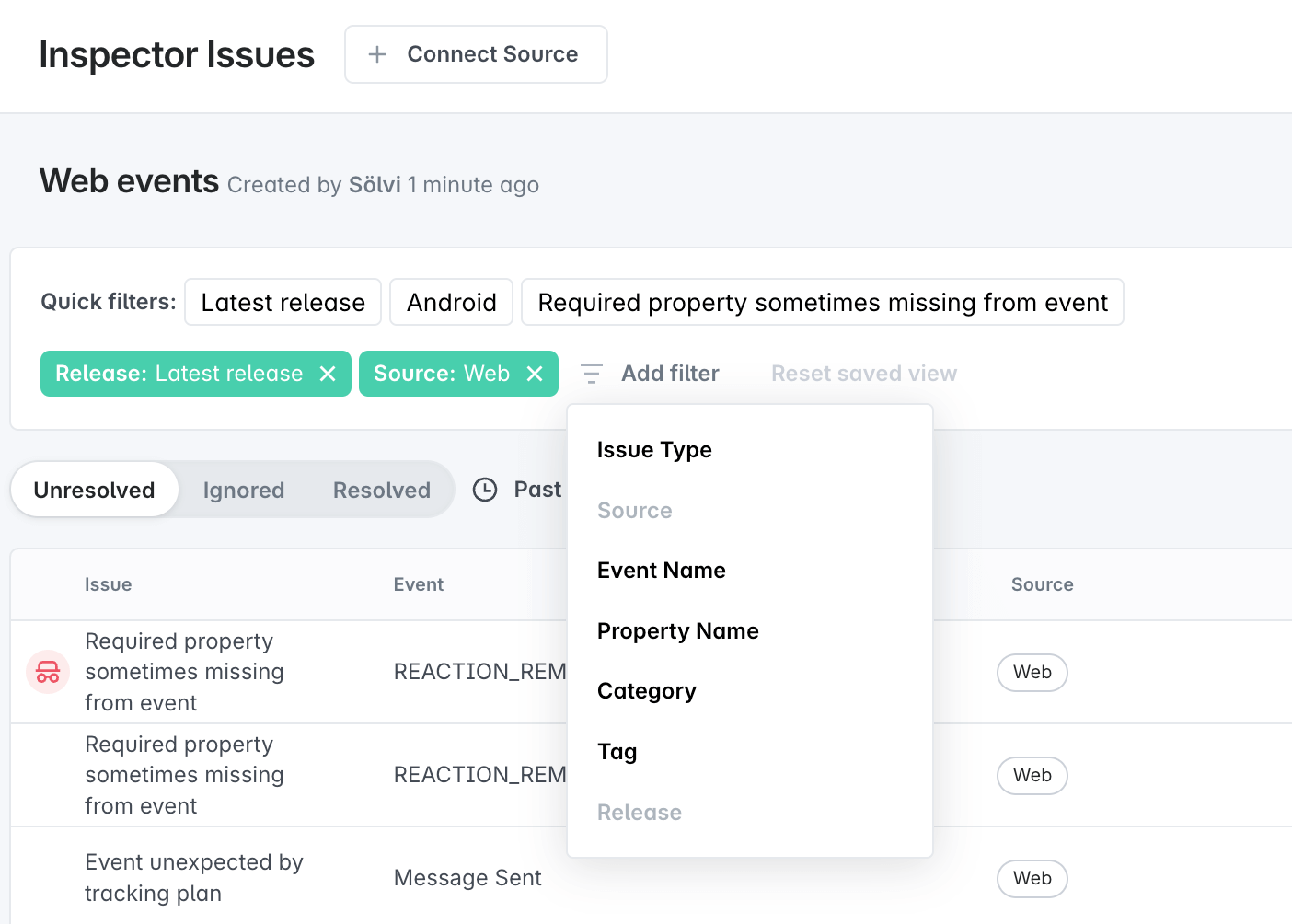 Image shows the inspector Issues table ordered by issue volume and filtered by Web source.